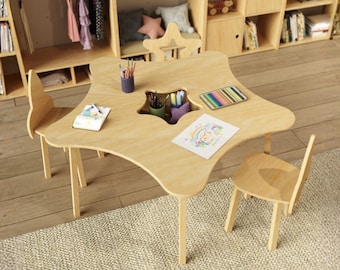Montessori Kids Table and Chairs Set – Star Shaped Toddler Activity Table with Rocket & Star Chairs – Playroom Furniture for Creative Play