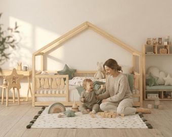 Montessori Floor Bed with Rails – Dream House Woodland Toddler House Bed with Flipping Trees | Kids Floor Bed Frame