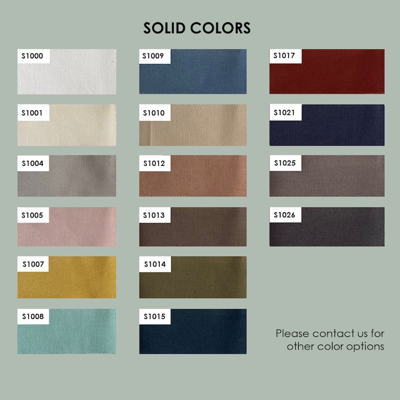 May include: A color chart showing 15 different fabric swatches with corresponding product codes. The swatches are arranged in three columns and five rows. The colors include white, beige, gray, pink, yellow, green, blue, red, brown, and black.