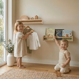 Montessori Bookshelf & Hanging Rail for Kids | Floating Wooden Shelf | Toddler Clothing Rack | Front Facing Book Display | Kids Room Decor