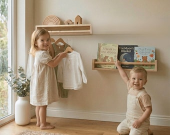 Montessori Bookshelf & Hanging Rail for Kids | Floating Wooden Shelf | Toddler Clothing Rack | Front Facing Book Display | Kids Room Decor