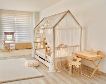 Tulle Canopy for Montessori House Bed with Optional Pom Pom String