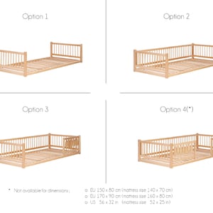 Puede incluir: Cuatro configuraciones diferentes de una cama infantil de madera con barandillas de seguridad. El marco de la cama est&aacute; hecho de madera natural y tiene un dise&ntilde;o de listones. El marco de la cama se muestra con diferentes configuraciones de las barandillas de seguridad, incluyendo una barandilla de longitud completa, una barandilla de media longitud y una barandilla de esquina. El texto "Opci&oacute;n 1", "Opci&oacute;n 2", "Opci&oacute;n 3" y "Opci&oacute;n 4(*)" se muestra encima de cada configuraci&oacute;n. El texto "No disponible para dimensiones: o EU 150 x 80 cm (tama&ntilde;o del colch&oacute;n 140 x 70 cm) o EU 170 x 90 cm (tama&ntilde;o del colch&oacute;n 160 x 80 cm) o US 56 x 32 pulgadas (tama&ntilde;o del colch&oacute;n 52 x 25 pulgadas)" se muestra en la parte inferior de la imagen.