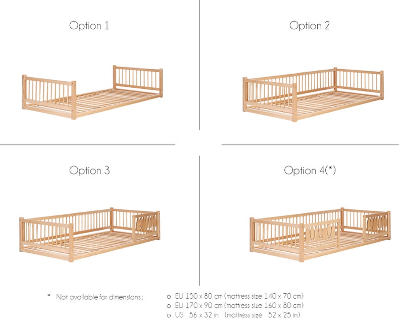 Puede incluir: Cuatro configuraciones diferentes de una cama infantil de madera con barandillas de seguridad. El marco de la cama est&aacute; hecho de madera natural y tiene un dise&ntilde;o de listones. El marco de la cama se muestra con diferentes configuraciones de las barandillas de seguridad, incluyendo una barandilla de longitud completa, una barandilla de media longitud y una barandilla de esquina. El texto "Opci&oacute;n 1", "Opci&oacute;n 2", "Opci&oacute;n 3" y "Opci&oacute;n 4(*)" se muestra encima de cada configuraci&oacute;n. El texto "No disponible para dimensiones: o EU 150 x 80 cm (tama&ntilde;o del colch&oacute;n 140 x 70 cm) o EU 170 x 90 cm (tama&ntilde;o del colch&oacute;n 160 x 80 cm) o US 56 x 32 pulgadas (tama&ntilde;o del colch&oacute;n 52 x 25 pulgadas)" se muestra en la parte inferior de la imagen.