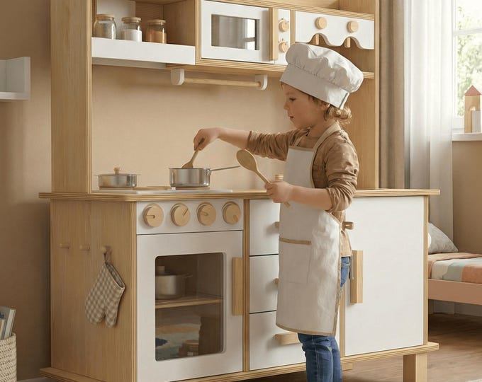 Kids Wooden Play Kitchen | Montessori Chef Cafe Pretend Play Toy