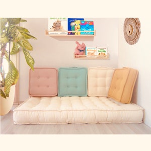 Tapis Montessori hydrofuge 100 % coton, coussin de coin lecture, coussin de sol, coussin français, coussin de canapé, coussin de lit de repos, coussin de fenêtre