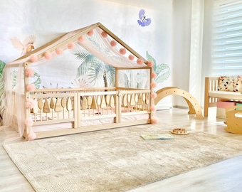 Tulle Canopy for House Bed: Montessori Style with Optional Pom Poms