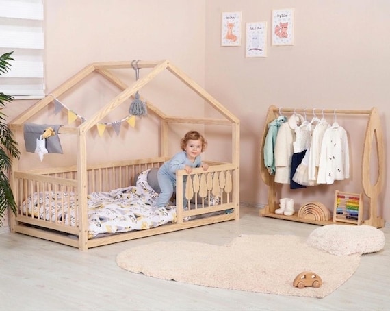 Montessori Floor Bed with Rails – Dream House Woodland Toddler House Bed with Flipping Trees | Kids Floor Bed Frame