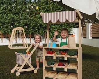 Little Market & Play Stand with Shopping Cart, Wooden Toy Market Stall, Montessori Play Shop, Puppet Theater, Kids Lemonade Stand