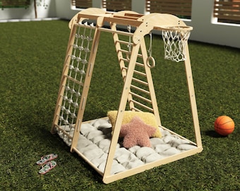 Kids Indoor Playground: Ash Wood Climber Gym with Swing & Rings