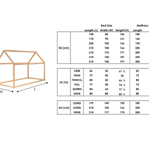 May include: Diagram of a wooden bed frame with measurements in inches and centimeters for different bed sizes, including crib, twin, twin XL, full, queen, and king. The diagram shows the length, width, and height of the bed frame.