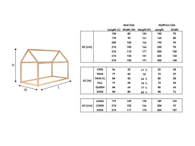 May include: Diagram of a wooden bed frame with measurements in inches and centimeters for different bed sizes, including crib, twin, twin XL, full, queen, and king. The diagram shows the length, width, and height of the bed frame.