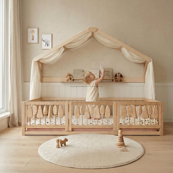 Montessori Dachregal mit Baumwollhimmel - OEKO-TEX Regal für Kleinkinder, Kinderzimmer Dekor, Betthimmel Regal, Kinderzimmer Wandregal
