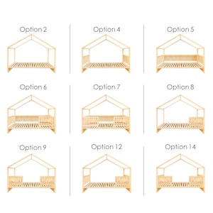 May include: Nine different variations of a wooden bed frame with a house-shaped headboard. The bed frame is made of natural wood and has a slatted base. The options include different configurations of side rails and headboards.