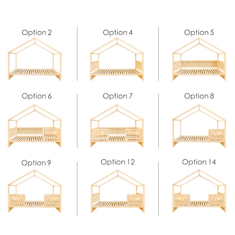 May include: Nine different variations of a wooden bed frame with a house-shaped headboard. The bed frame is made of natural wood and has a slatted base. The options include different configurations of side rails and headboards.