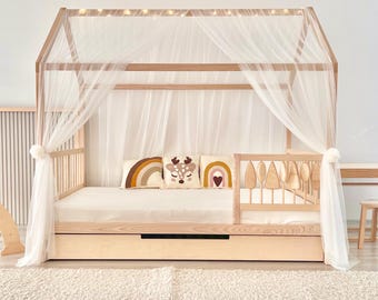 Tulle Canopy for Woodland House Montessori Bed with Optional PomPoms