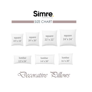 Può includere: Tabella delle dimensioni per cuscini decorativi in ​​diverse misure, tra cui cuscini quadrati da 18x18, 20x20, 22x22 e 24x24 pollici e cuscini lombari da 12x24, 14x30 e 16x20 pollici.