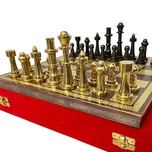 14&quot; Brass Chess set- THE BULLET SERIES chess men Carved with velvet storage box - Vintage antique set- Brass Chess board set | Gift for him.
