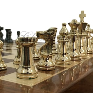 Staunton Brass Chess Pieces Set and 14&quot; Folding Rosewood chess board with storage. Metal chess set handmade Chess for Gift, Birthday gift.