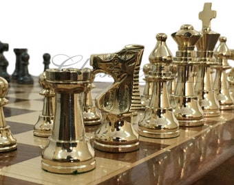 Juego de piezas de ajedrez de latón Staunton y tablero de ajedrez de palisandro plegable de 14" con almacenamiento. Juego de ajedrez de metal hecho a mano para regalo, regalo de cumpleaños.