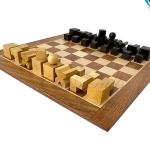 1923 Juego de piezas de ajedrez Bauhaus de madera de boj ebonizado con rey: juego de ajedrez vintage de 2 con tablero de ajedrez de palisandro dorado de 14. CHESS BOARD COMBO