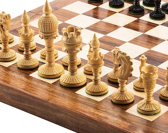 Hand Carved Ebony & Boxwood Chess Set: 4" Dome Artistic Pieces