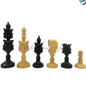 Wooden Chess pieces set - 4.25&quot; LOTUS ARTISTIC Hand carved chess pieces in Ebonywood & Boxwood