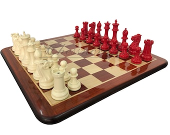 combo of 1849 Reproduced Staunton chess set 4.5" painted with Bud rosewood chess board 19" lacquered