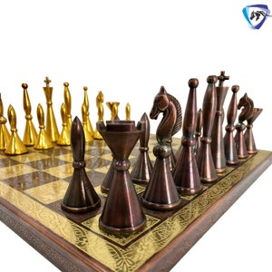 12&quot; Brass Chess Board set- ART DECO TOWER Chess men with Hand Carved chess board + velvet storage box - Gift for Him- Chess Gift