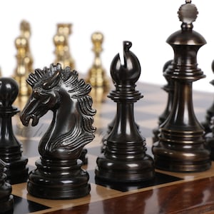 5&quot; Brass Chess Pieces Set WELLINGTON Gold & Antique Limited Edition Luxury Staunton chess pieces  + 23&quot; Ebonywood Chess Board + Storage Box