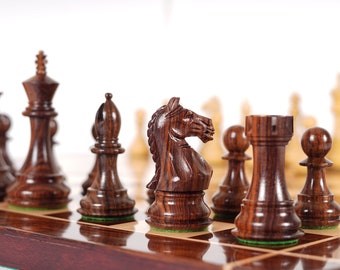 Staunton Chess pieces Set - 4" Fierce Knight Rosewood Chess Pieces set - 21" Rosewood Chess Board + Leather Storage Box COMBO