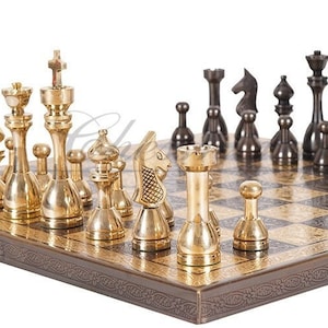 14&quot; Solid Brass Metal Chess set- Apple bottom chess men Carved with velvet storage box - Vintage antique set- Brass Chess board set.