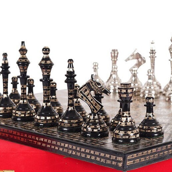 14" Brass Metal Chess Board set Modern Classic Handmade Soviet chess pieces with storage box - Vintage Chess for Gifting