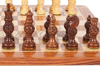 5" wooden Chess pieces Set INDIAN ARTISTIC Golden rosewood- MESH ball designing.
