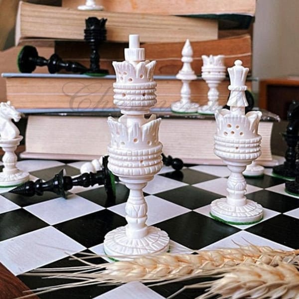 4.1" Camel bone chess set Lotus handmade Carved chess pieces | chess gift| christmas gift | chess board set | Inlaid foldable chess board