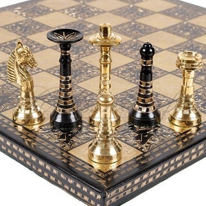 14&quot; Solid Brass Metal Classic HUNGARIAN Hand carved Chess set- BLACK-GOLD Slim chess men Carving with velvet storage box Chess board set.