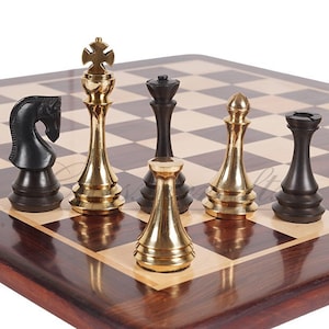 4.4&quot; Brass Russian Zagreb (Leningrad) chess pieces set Antique & GOLD polish / 19&quot; Rosewood(Dark Grain) Chess board Combo- Gift For Him