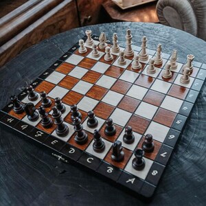 12" Folding wooden Magnetic Travel Chess Bord set -Extra Queens- Carved Notations - Antique look- Leatherette cover