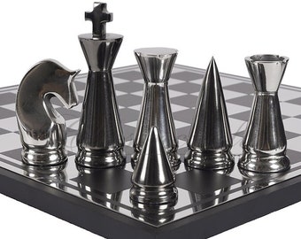 Luxe metalen schaakbordset Zwart-zilverpoets-schaakcadeau-Schakspel voor Home Decor - 14" Schaakbordset met kunstleren opbergdoos
