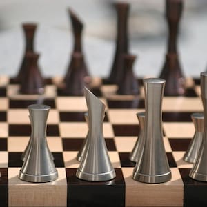 Solid Brass Chess pieces set MINIMALIST STEEL SLEEK Silver copper finish Chess coins set- King: 3.5&quot;