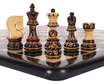 4" Russian Zagreb Chess Pieces set Burnt with Hand Carving broad base, Weighted - 2 extra Queens+19"Ebonywood chess board + Storage Box.