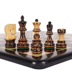 4" Russian Zagreb Chess Pieces set Burnt with Hand Carving broad base, Weighted - 2 extra Queens+19"Ebonywood chess board + Storage Box.