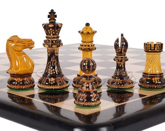 Wooden Staunton Chess set Burnt with Hand Carving King 4" broad base, Weighted & 2 extra Queens