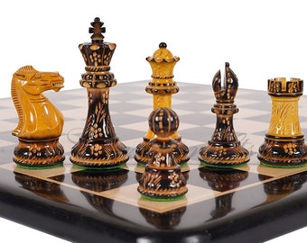 Wooden Staunton Chess set Burnt with Hand Carving King 4&quot; broad base, Weighted & 2 extra Queens