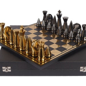 14" ART DECO Metal Chess Board Set designer King 4" Chess pieces with Chess board Modern Home Decor, Chess Gift-Leather Box