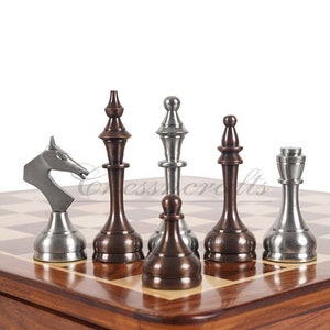 Brass Chess pieces set Modern classic Series SILVER & COPPER ANTIQUE polish King: 3.9&quot; Solid Brass Chess pieces | Chess Gift for Him
