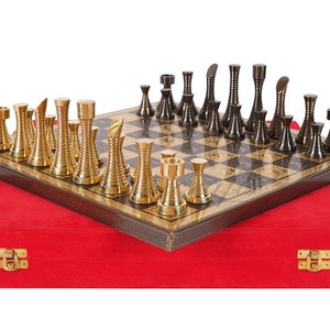 14&quot; Solid Brass Metal Chess set- Slim Rings chess men Carved with velvet storage box - Vintage Collector antique set- Brass Chess board set.