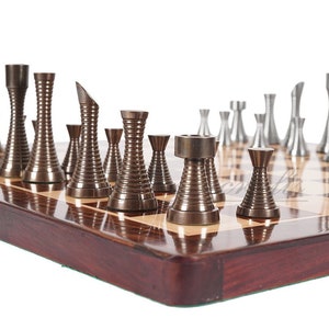 19&quot; Rosewood Chess Board set with 3.5&quot; Solid Brass Chess pieces set RING STEEL SLEEK Silver & Antique Polish Minimalist Chess Board set.