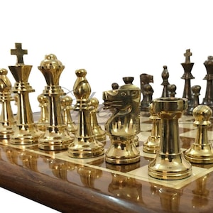 3.25&quot; Brass Chess pieces set-Staunton Chess pieces-FRENCH LARDY in Gold & Antique polish  with Wooden storage box - Extra Queens ( 4Q)