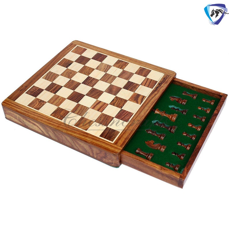 Wooden Travel Chess Board Game Set Flat W/ Drawer Etsy